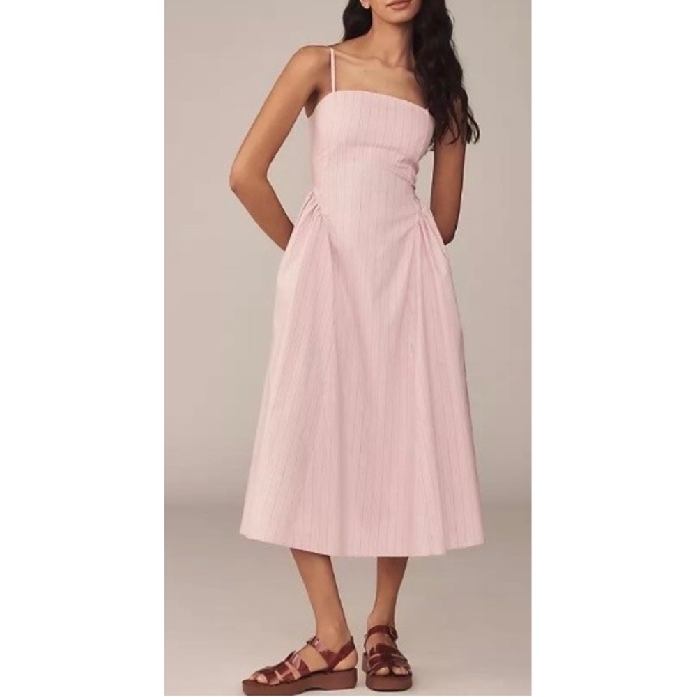 Maeve Anthropologie Pink Striped Smocked Back Midi Dress Womens NWOT Size Large
